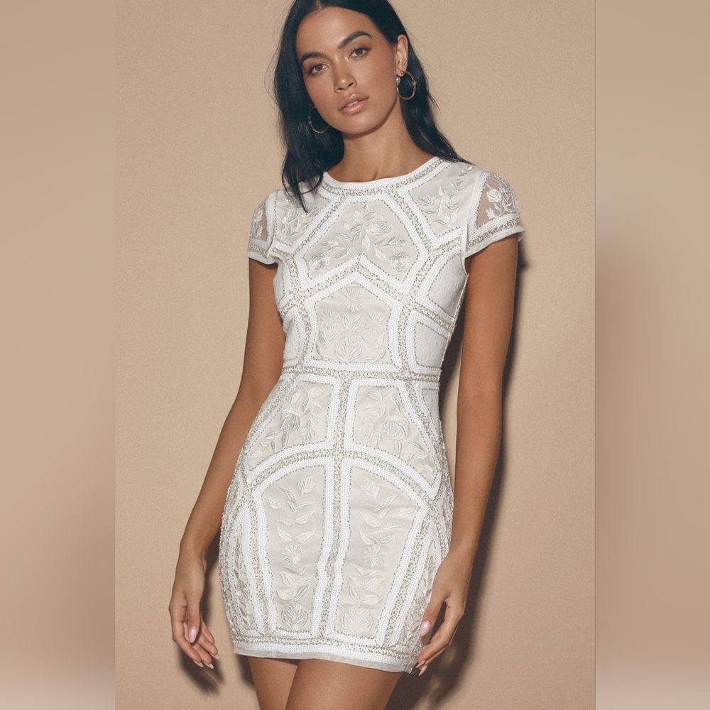 Lulus Spread Your Shine White Sequin Embroidered Body on Dress (M)